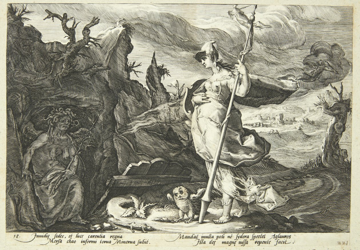Minerva befiehlt dem Neid, das Herz von Agraulos mit Eifersucht zu füllen von Hendrick Goltzius