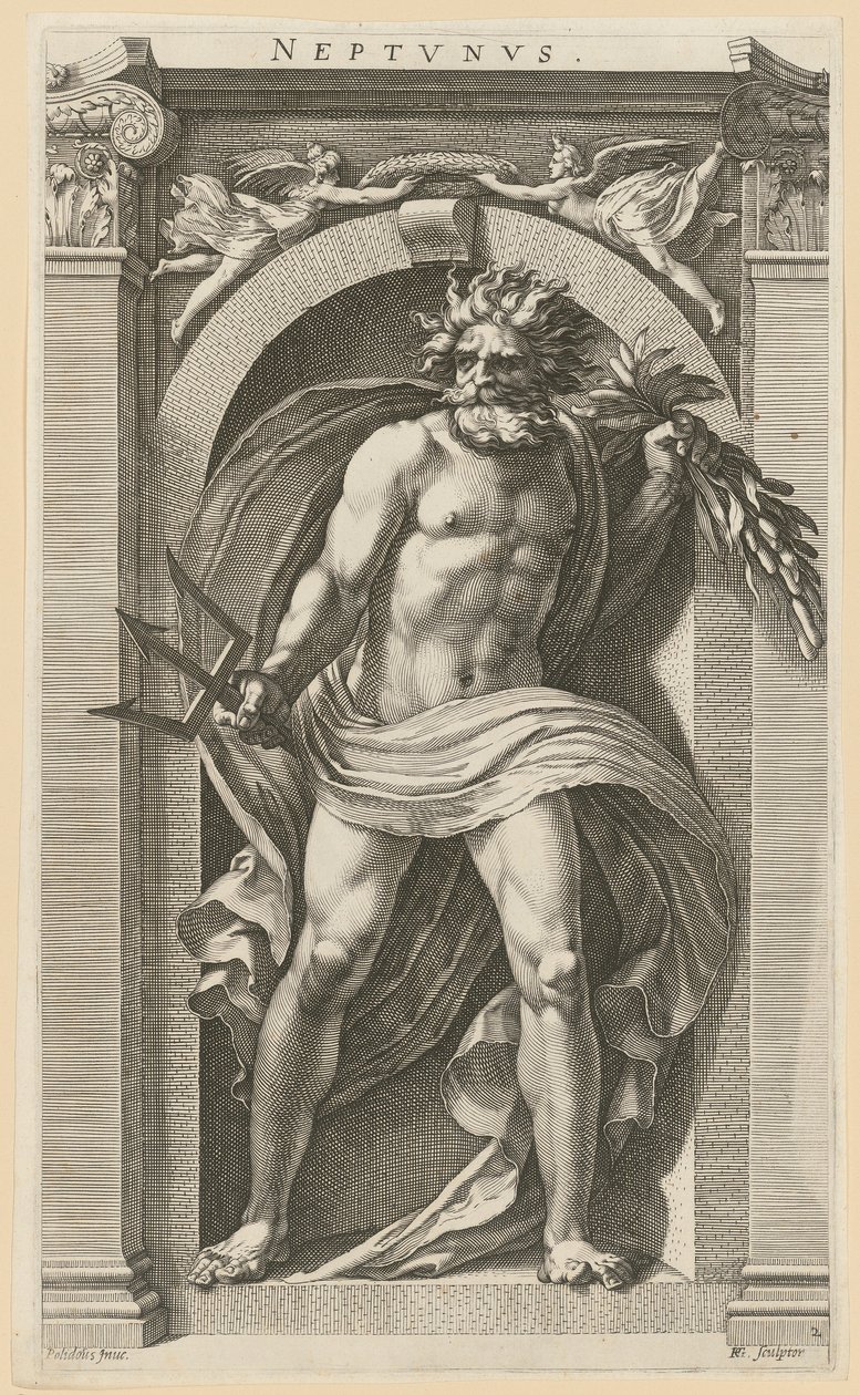 Neptun, Blatt 2 der Folge "Acht antike Gottheiten" von Hendrick Goltzius