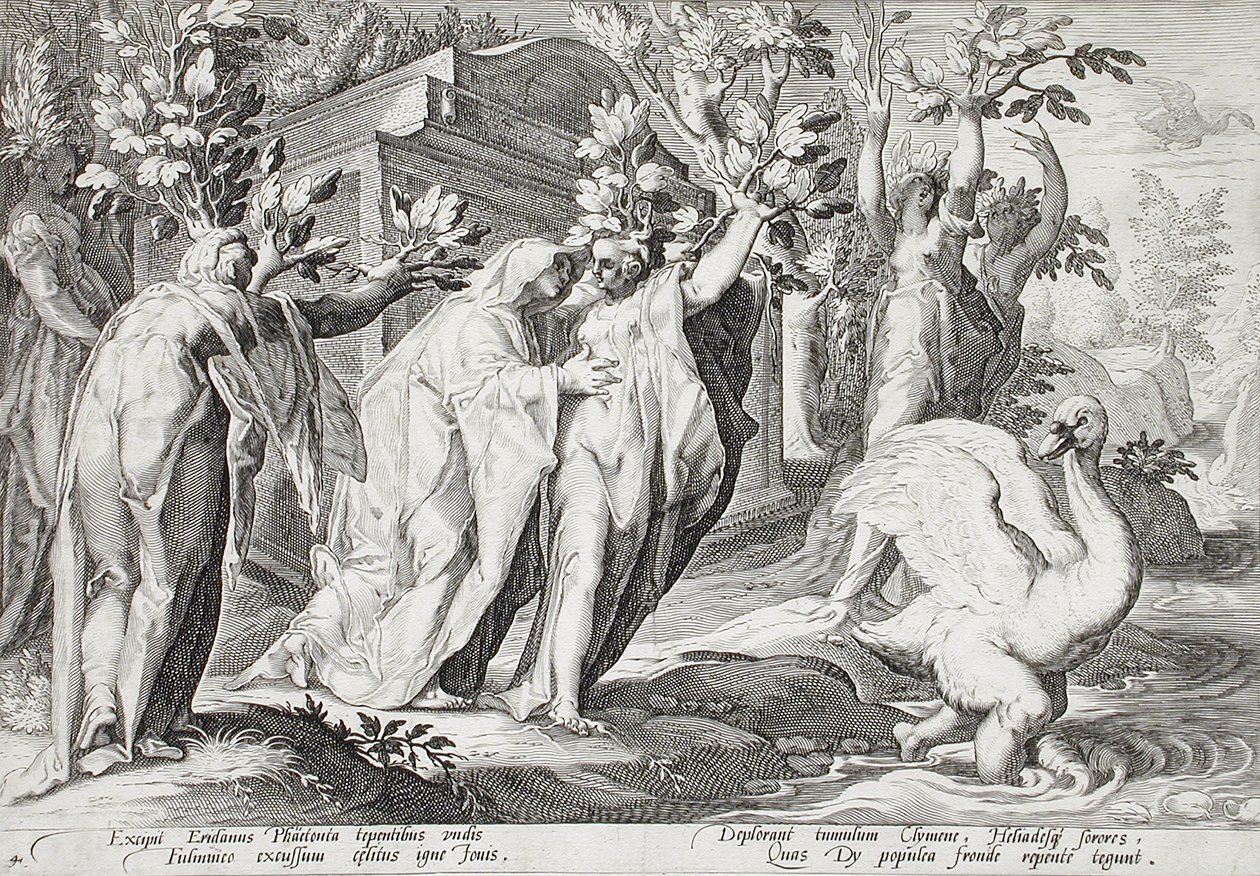 Phaetons Schwestern verwandelt in Pappeln und Cygnus in einen Schwan von Hendrick Goltzius