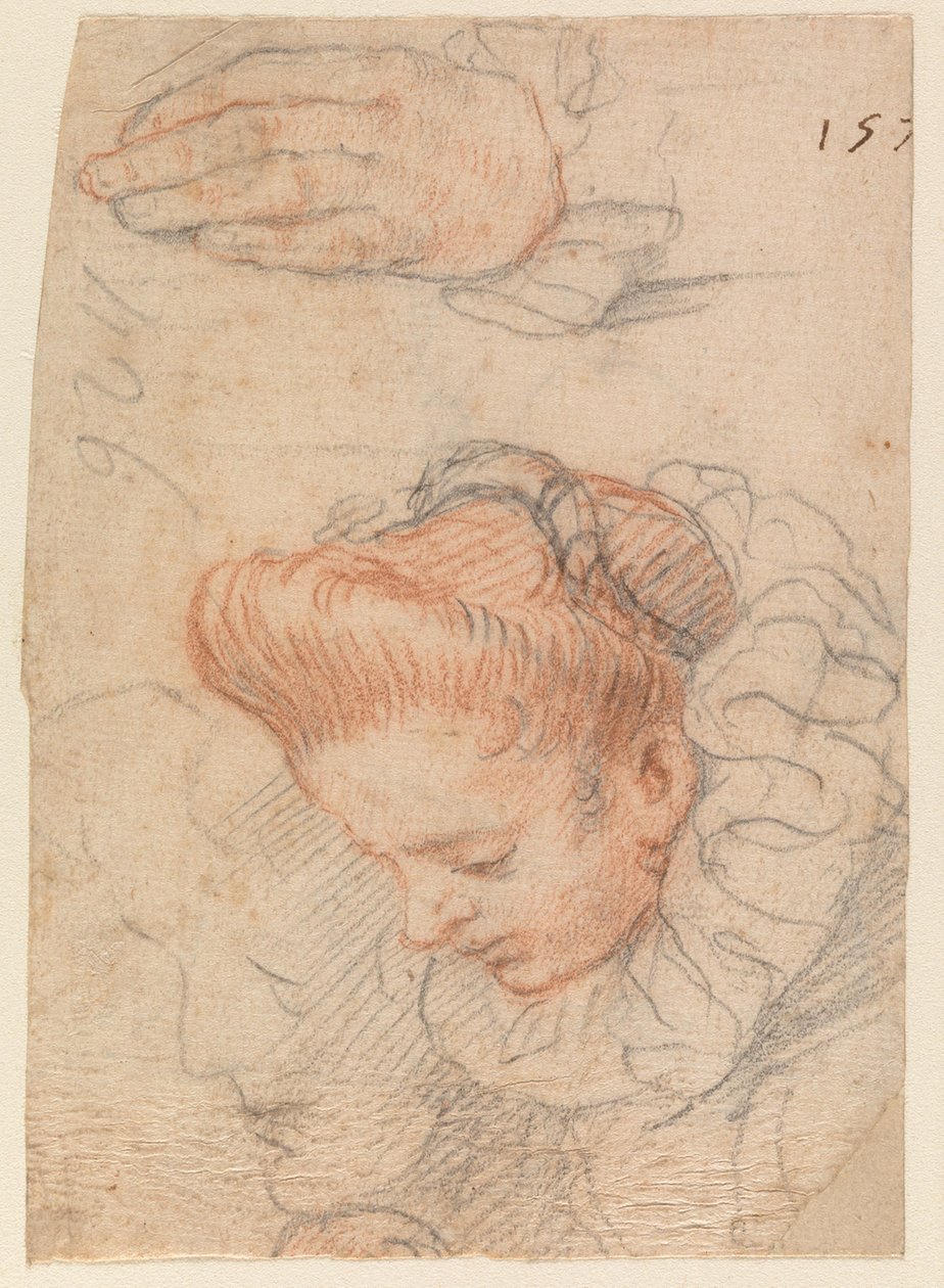 Skizzenblatt mit Frauenkopf und Hand von Hendrick Goltzius