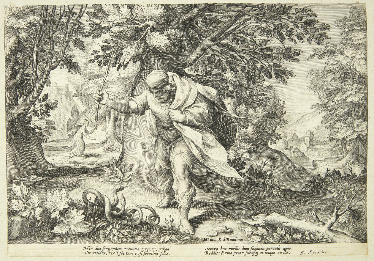 Teiresias schlägt zwei paarende Schlangen mit seinem Stock von Hendrick Goltzius