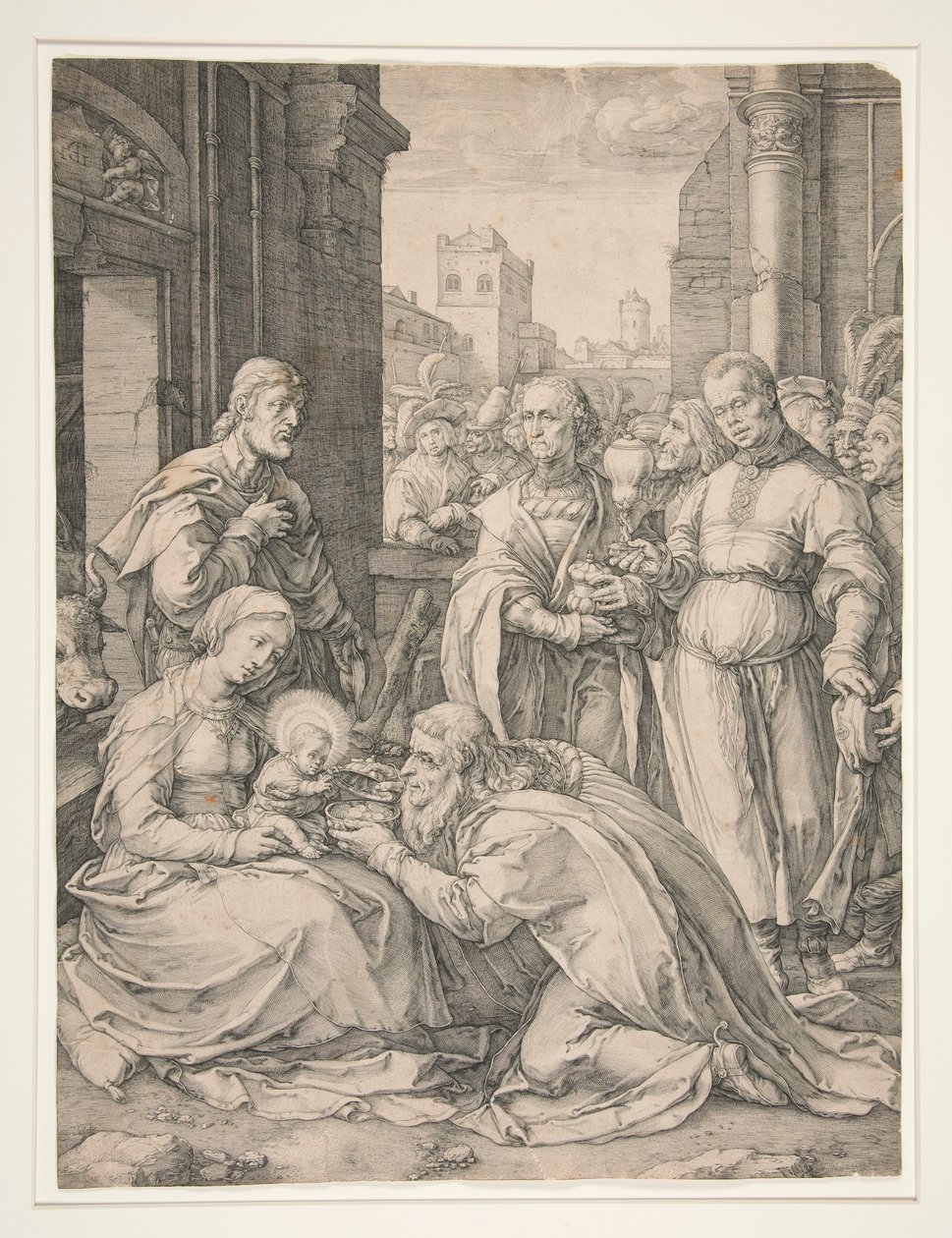 Die Anbetung der Heiligen Drei Könige, aus der Serie Die Geburt und das frühe Leben Christi von Hendrick Goltzius