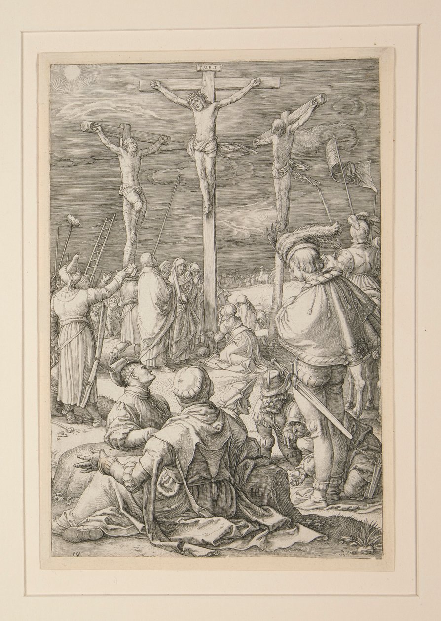 Die Kreuzigung (Christus am Kreuz), aus Die Passion, Nr. 10 in einer Serie von 12 Gravuren von Hendrick Goltzius