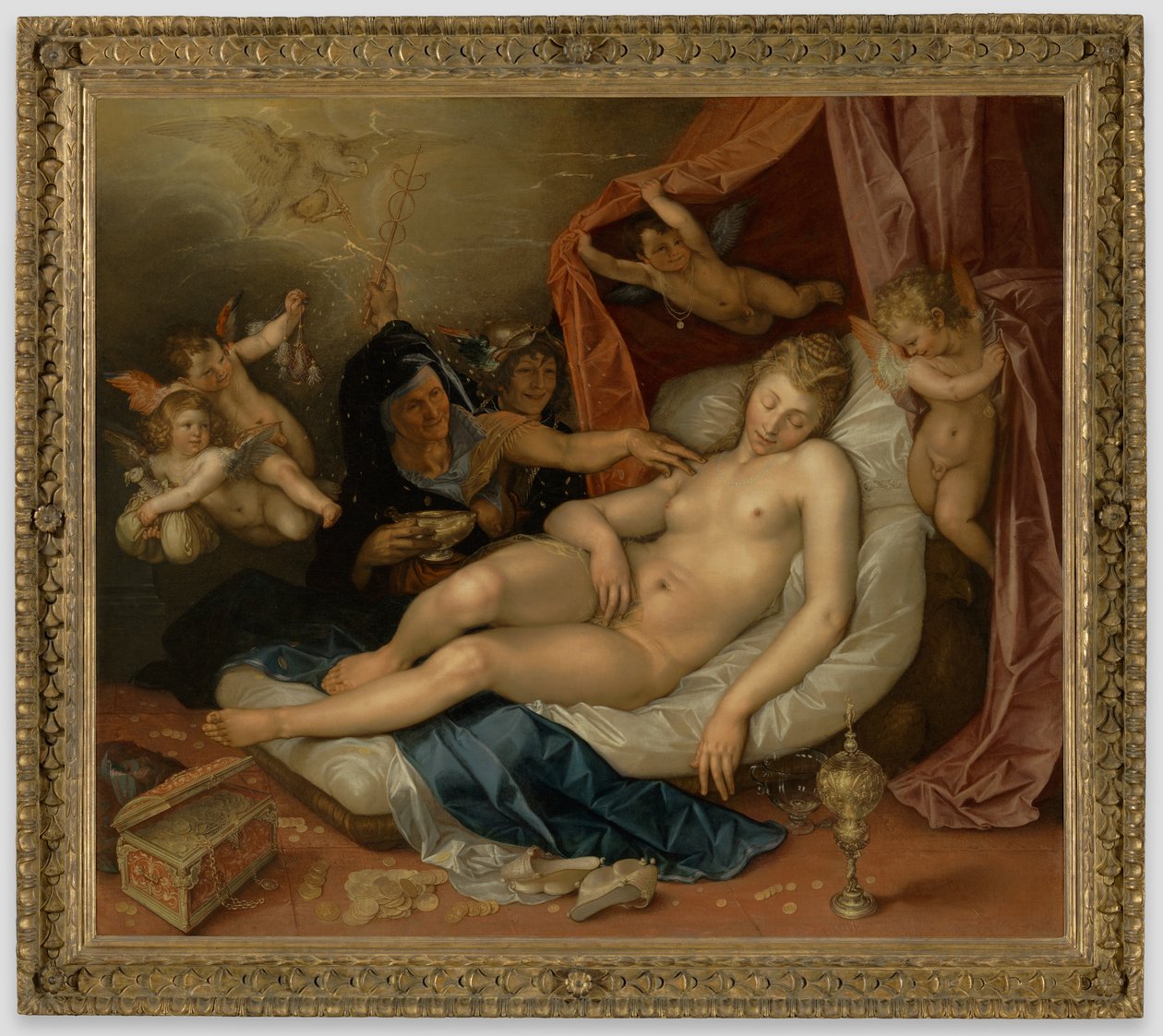 Die schlafende Danaë wird für Jupiter vorbereitet von Hendrick Goltzius