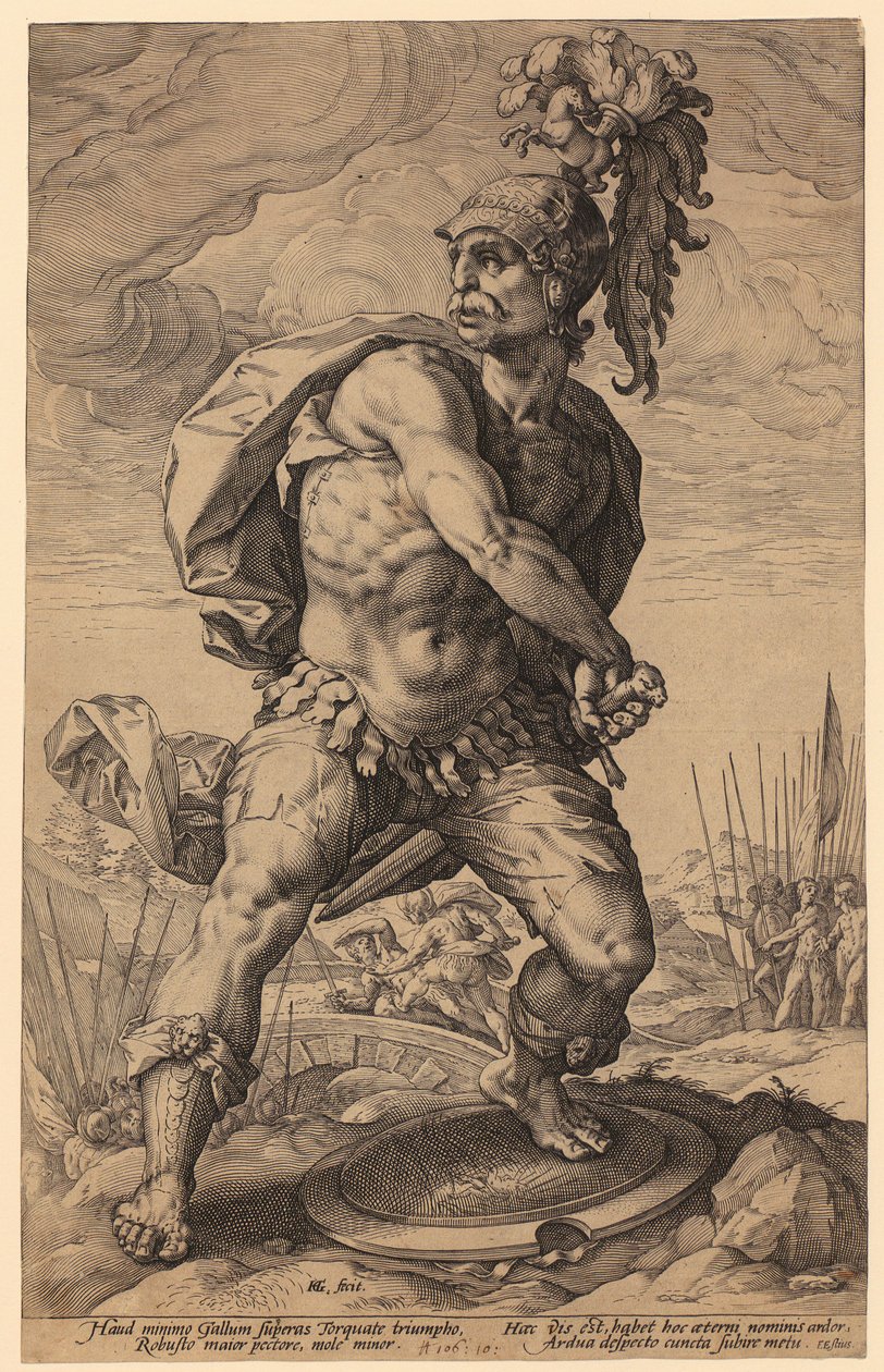 Titus Manlius Torquatus, Blatt 5 der Folge "Römische Helden" von Hendrick Goltzius