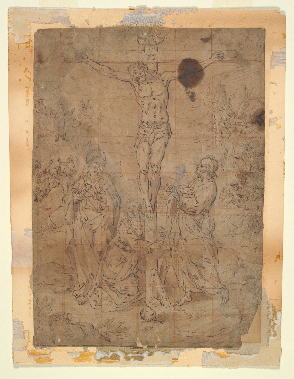 Christus am Kreuz zwischen der Jungfrau und St. Johannes mit Szenen der Passion im Hintergrund von Hendrick de Clerck