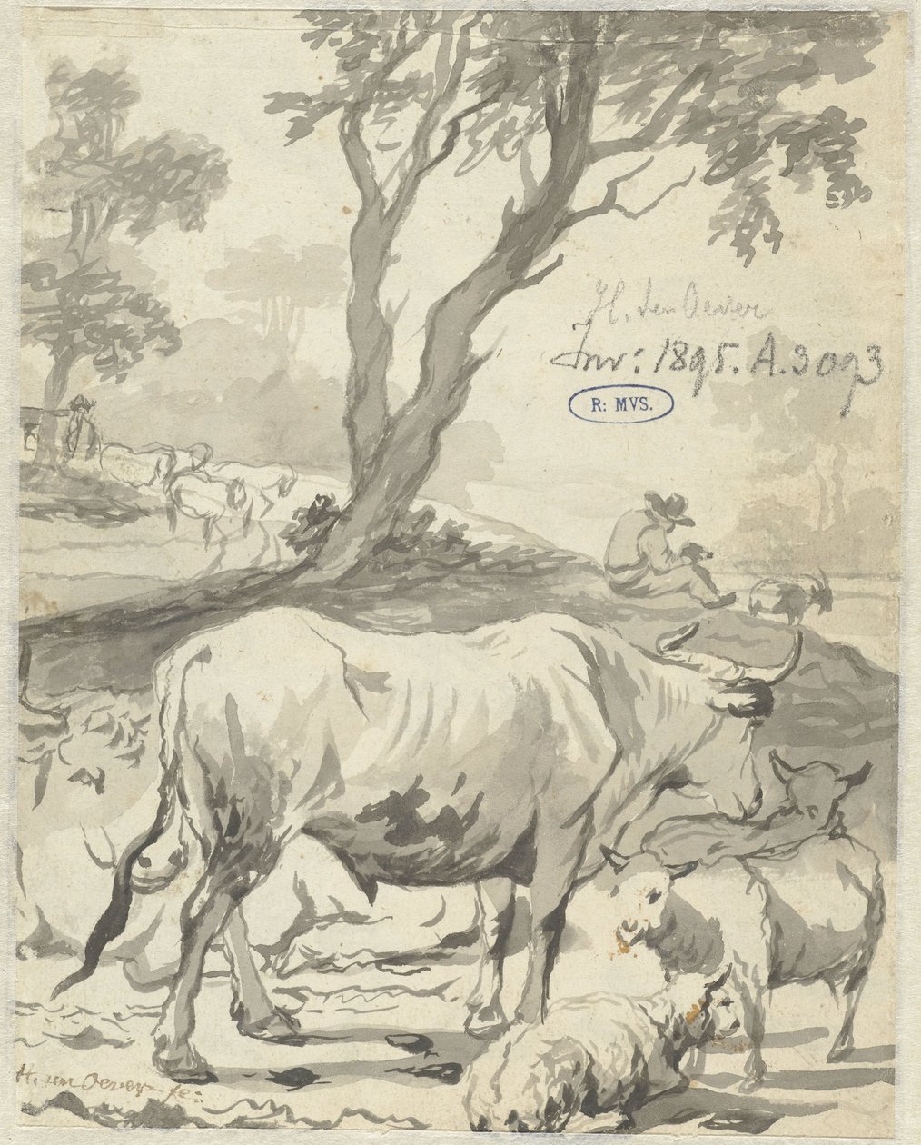 Hirte mit Kühen und Schafen unter einem Baum von Hendrick ten Oever