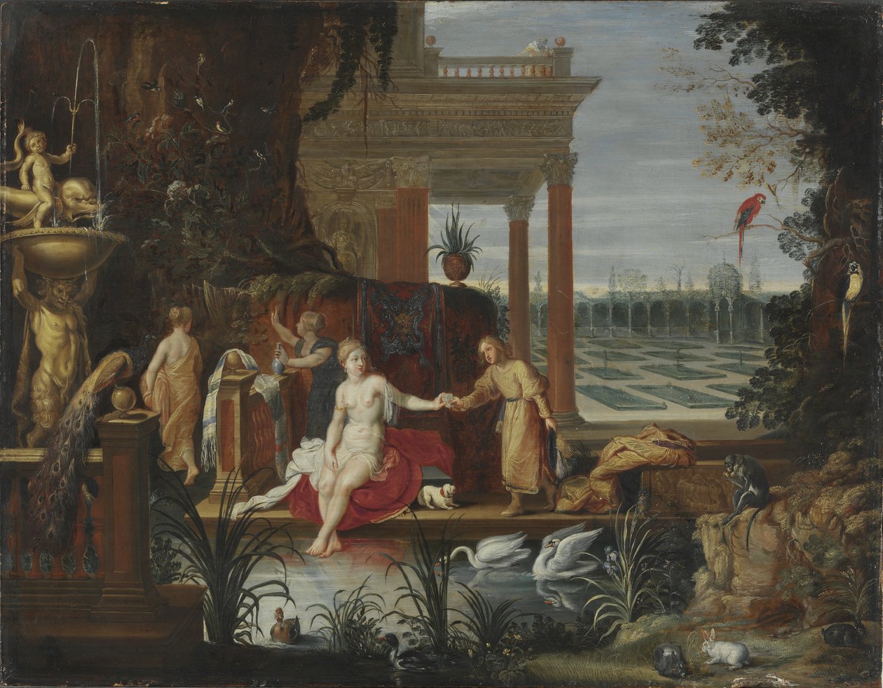 Bathseba im Bad erhält den Brief von König David, ca. 1600 von Hendrick van Balen