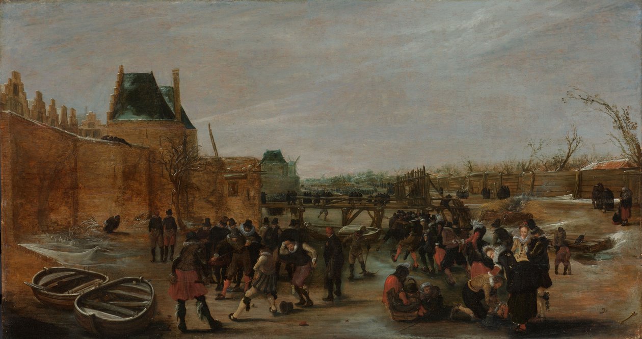 Herumtollen auf einem zugefrorenen Kanal in einer Stadt, um 1615-1620 von Hendrik Avercamp