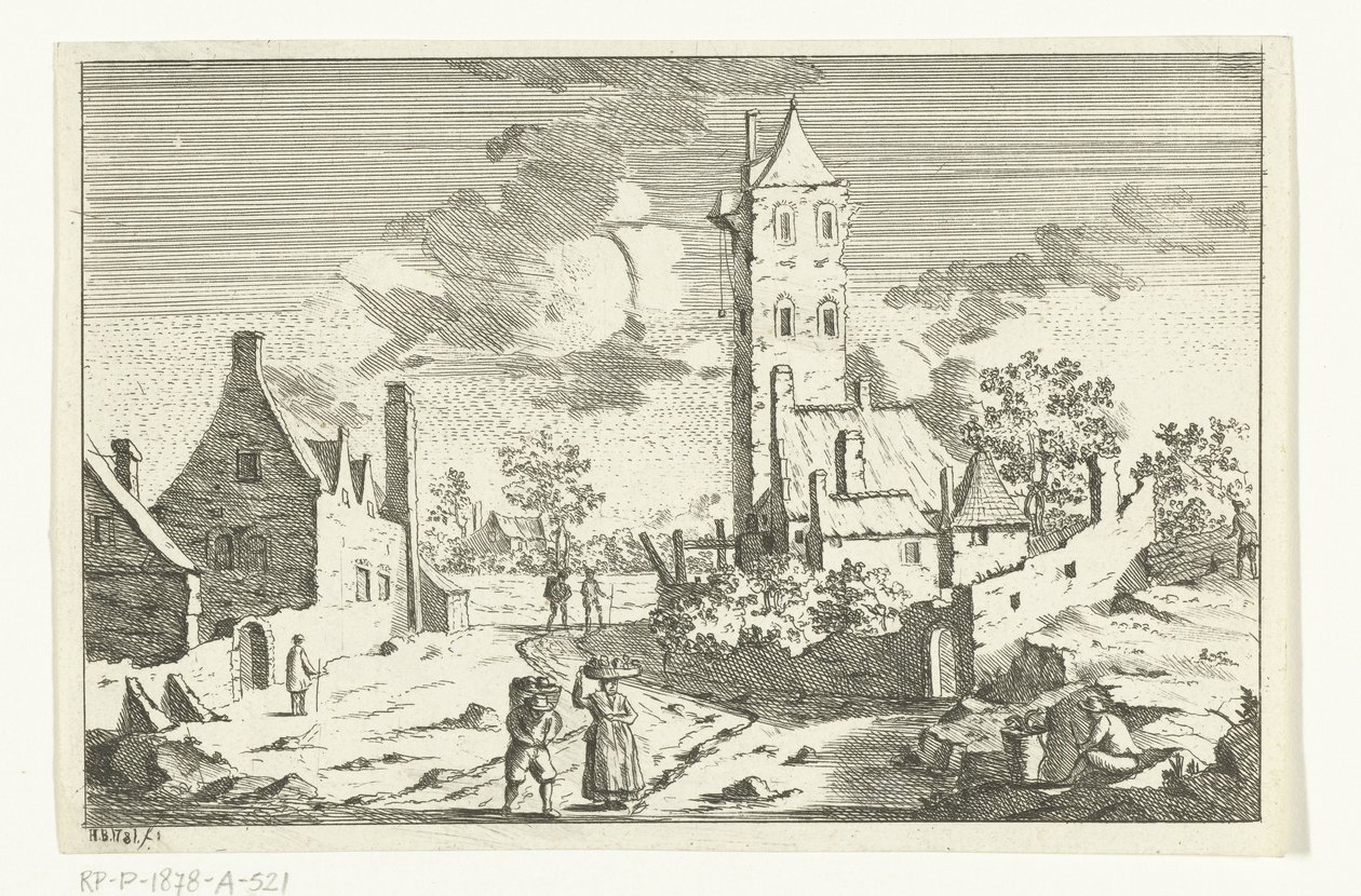 Dorfansicht mit Häusern und Turm an einem Sandweg mit Figuren von Hendrik Berg