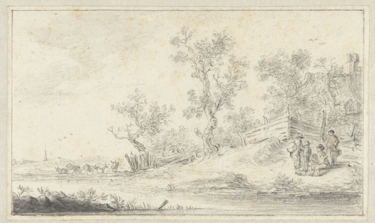 Landschaft mit einer Gruppe von vier Personen, links Vieh von Hendrik Chalon