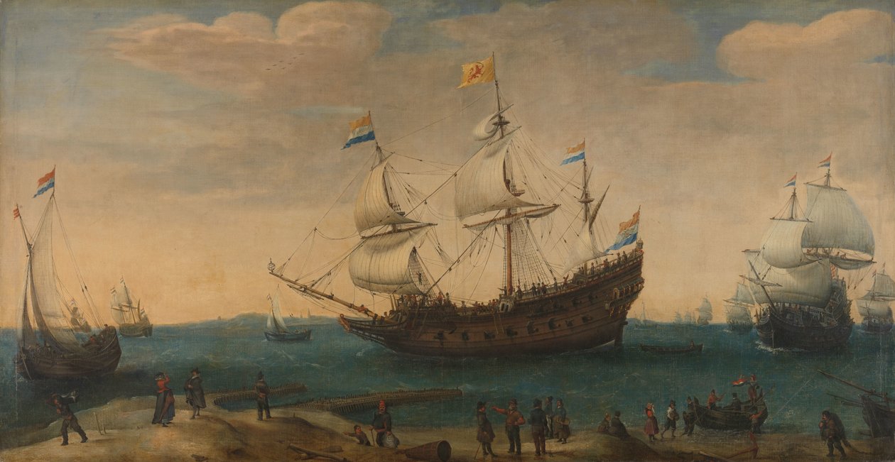 Eine Anzahl von Ostindienfahrern vor der Küste (Die Mauritius und andere Ostindienfahrer segeln aus dem Marsdiep) von Hendrick Cornelisz. Vroom