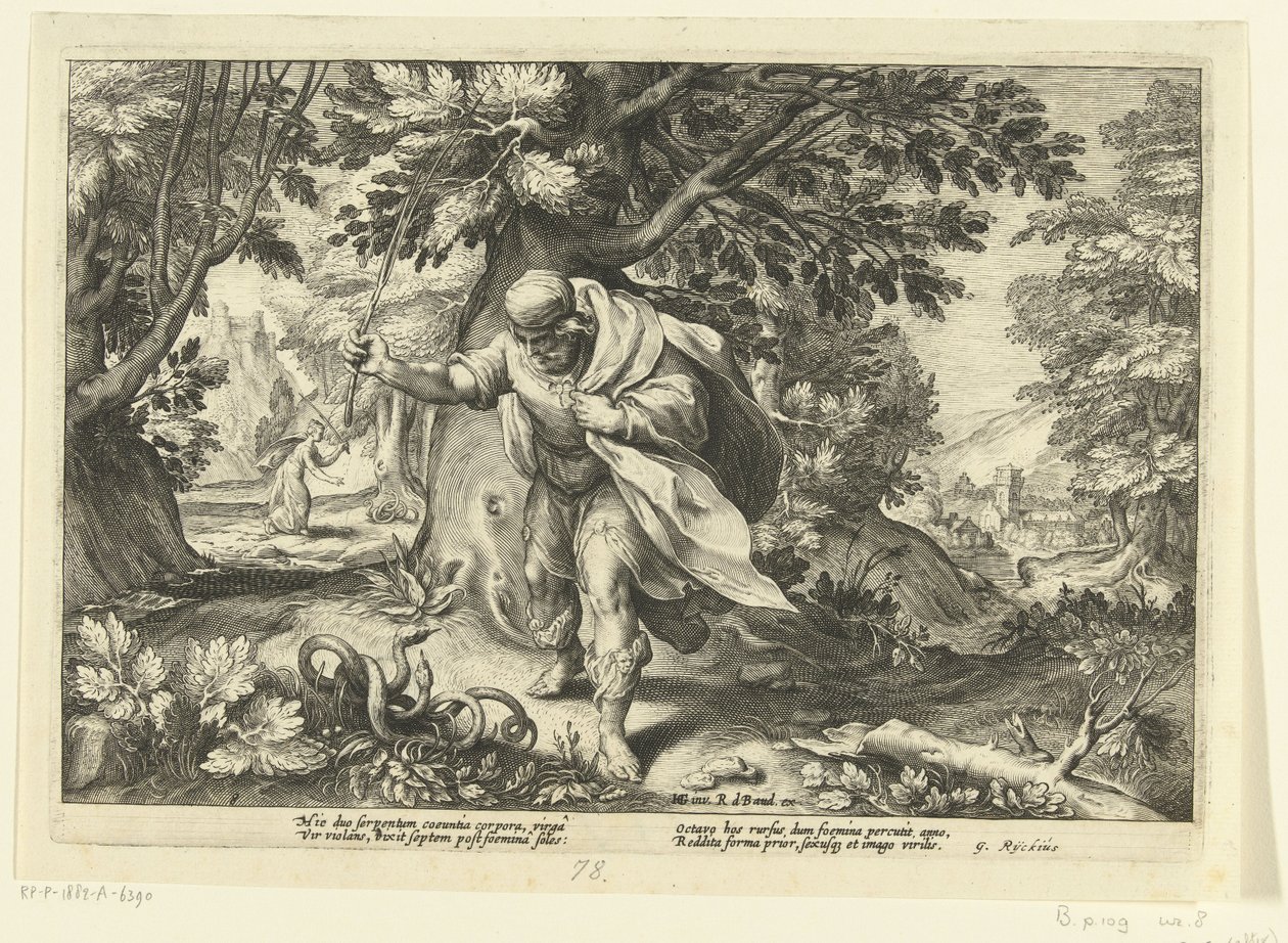Teiresias schlägt zwei sich paarende Schlangen, aus Ovids Metamorphosen von Hendrik Goltzius