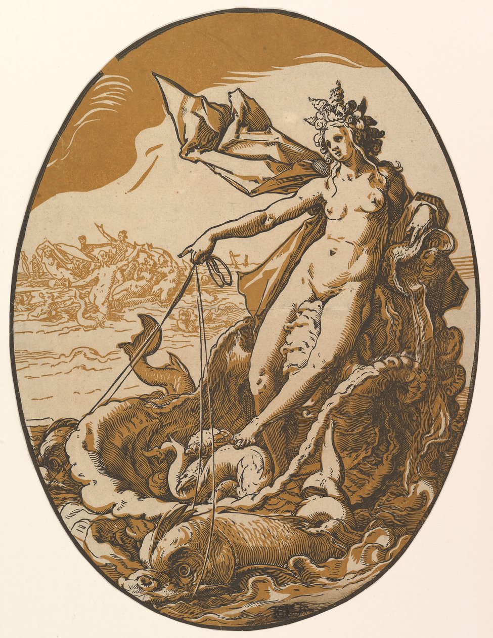 Tethys ruht in einem riesigen Muschelwagen, gezogen von zwei Meereskreaturen, 1588-90 von Hendrik Goltzius
