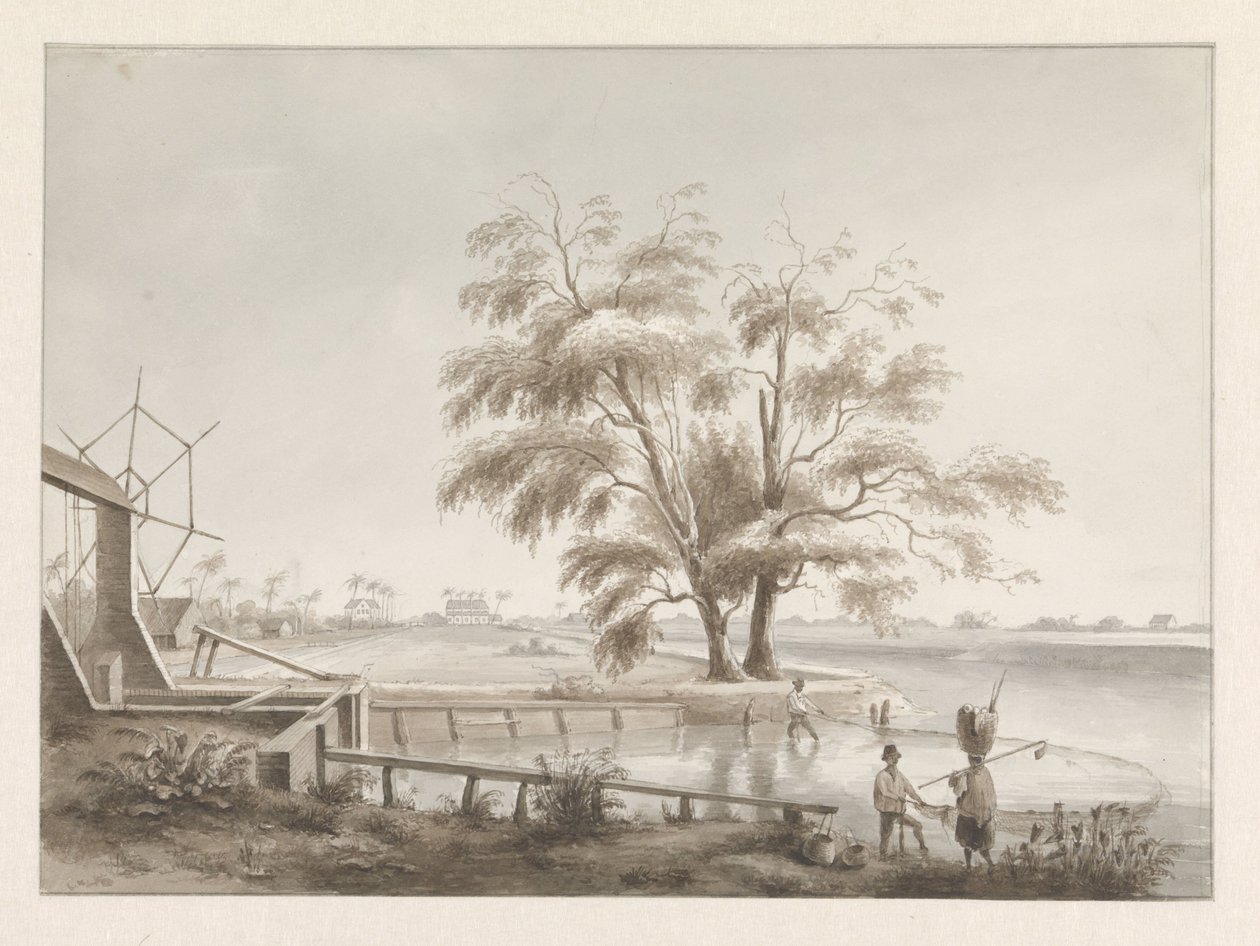 Ansicht einer Plantage mit einer Schleuse links von Hendrik Huygens