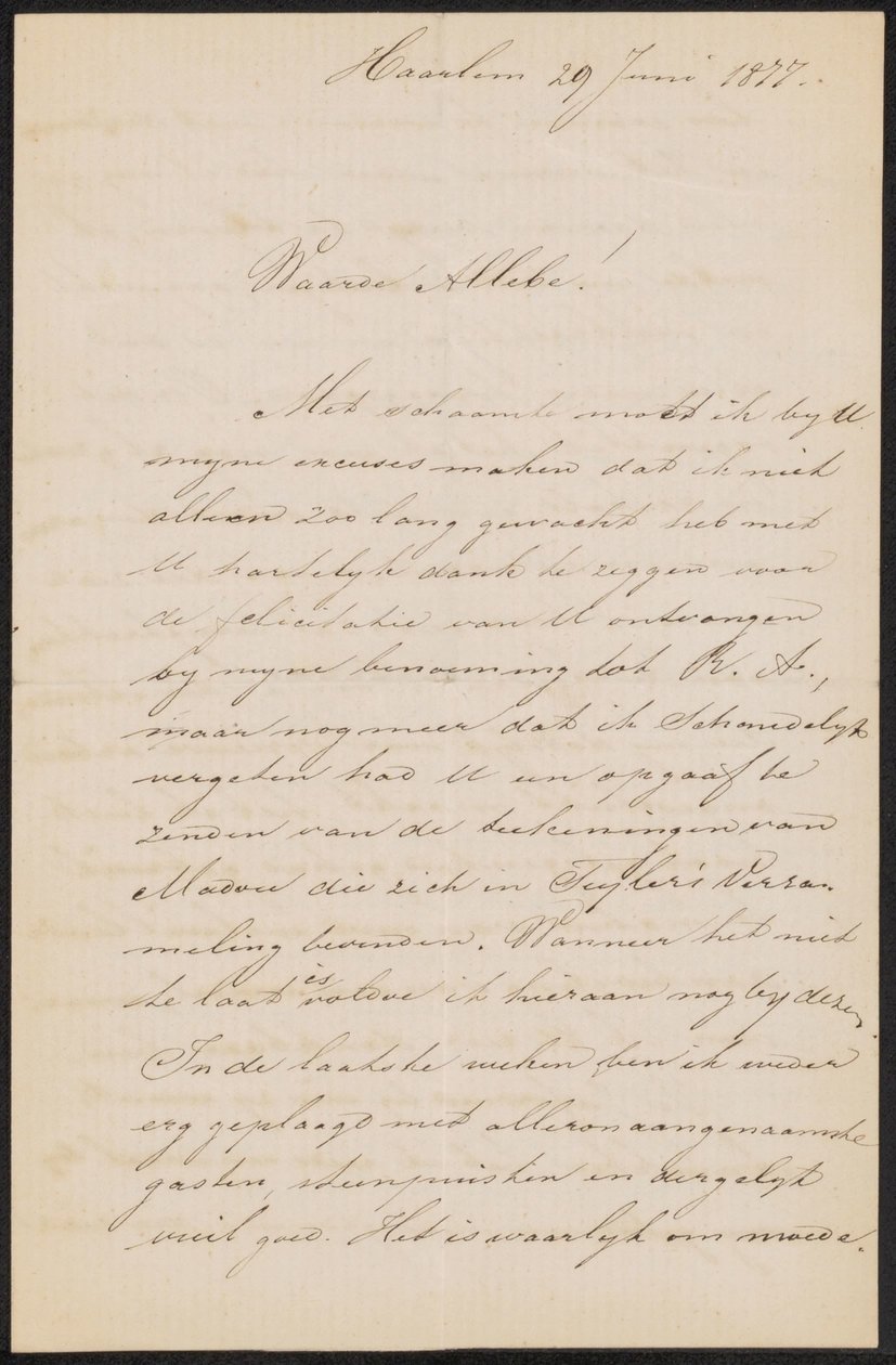Brief aan August Allebé von Hendrik Jacobus Scholten