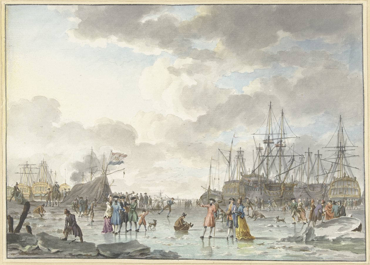 Frostmesse auf einem gefrorenen Fluss mit Schiffen von Hendrik Kobell