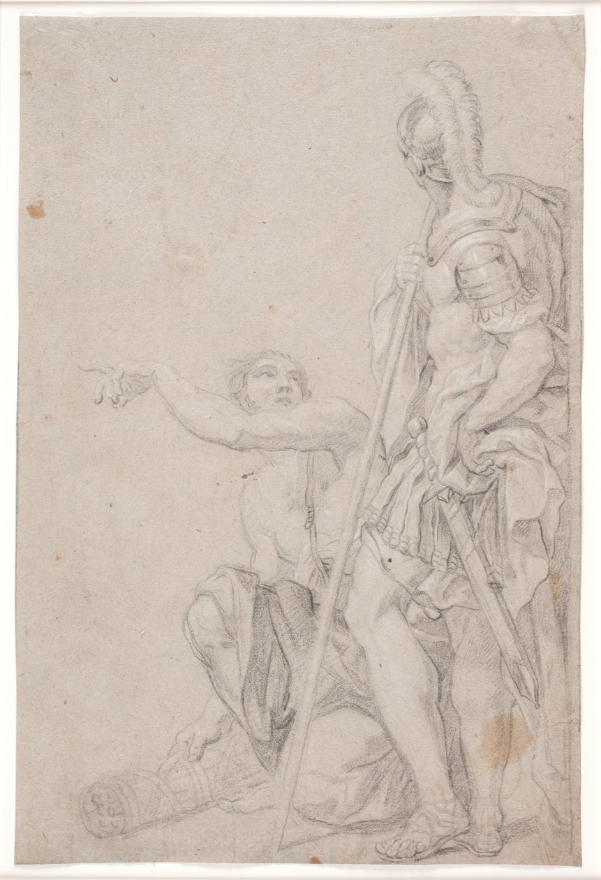 Stehender Soldat und kniender, zeigender Jüngling von Hendrik Krock