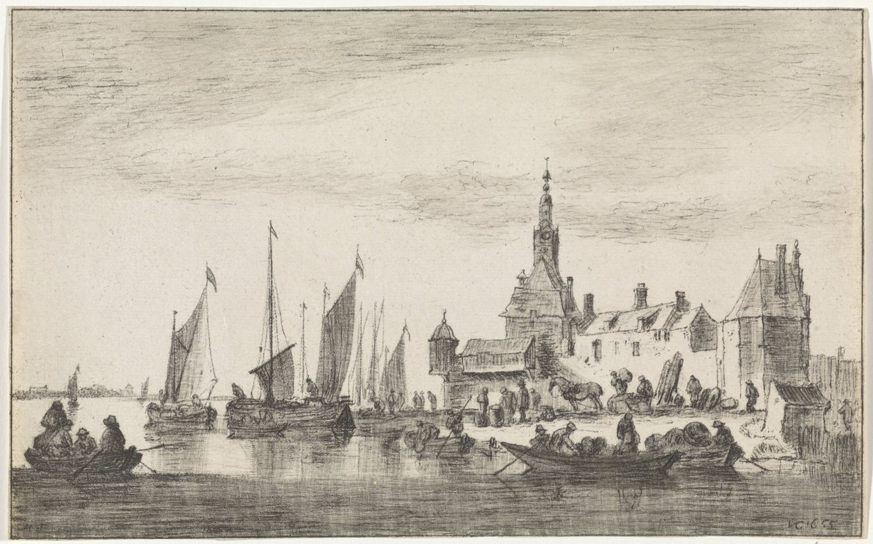 Flussansicht mit Händlern an einem Ufer bei Häusern von Hendrik Spilman