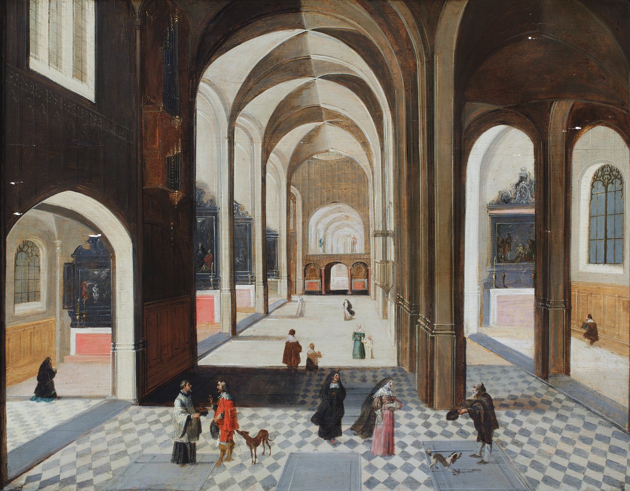 Kircheninneres mit Figuren, darunter ein Mann in Rot, der mit einem Geistlichen spricht von Hendrik the Younger (follower of) Steenwyck