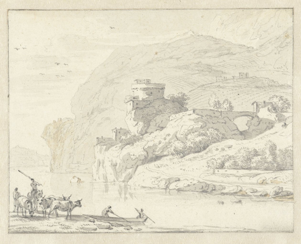 Italienische Berglandschaft mit Hirten und Vieh, und zwei Figuren in einem Boot, das den Fluss überquert von Hendrik van der Straaten (attributed to)