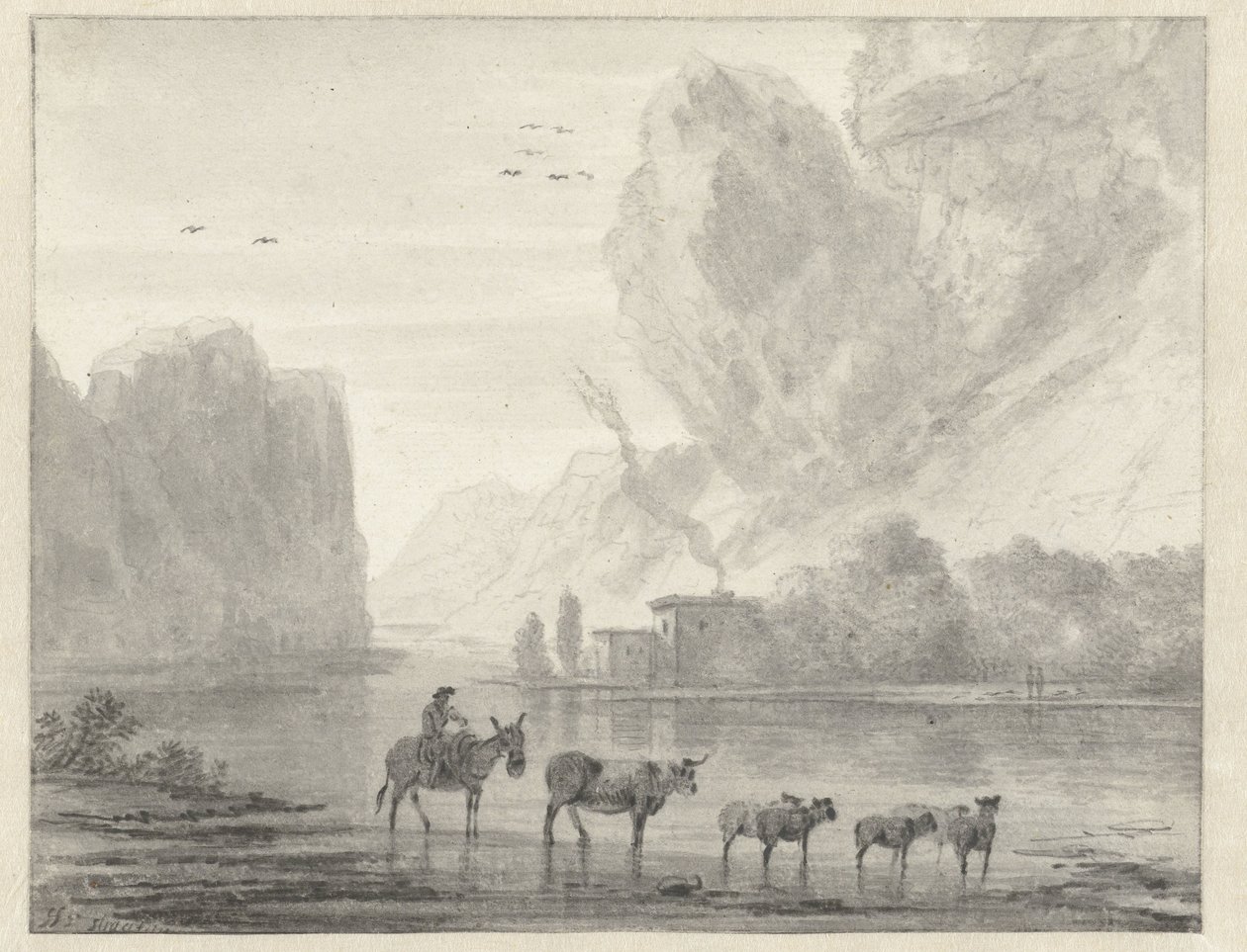Felsige Flusslandschaft mit einem Hirten und seinem Vieh und Schafen von Hendrik van der Straaten