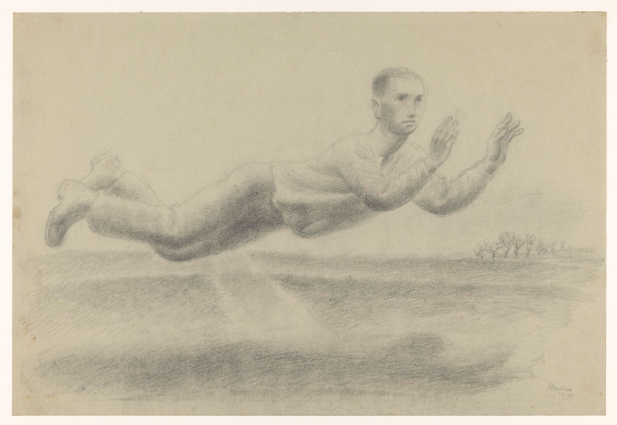 Selbstporträt mit erhobenen Händen schwebend in einer Landschaft von Henk Henriët (signed by artist)