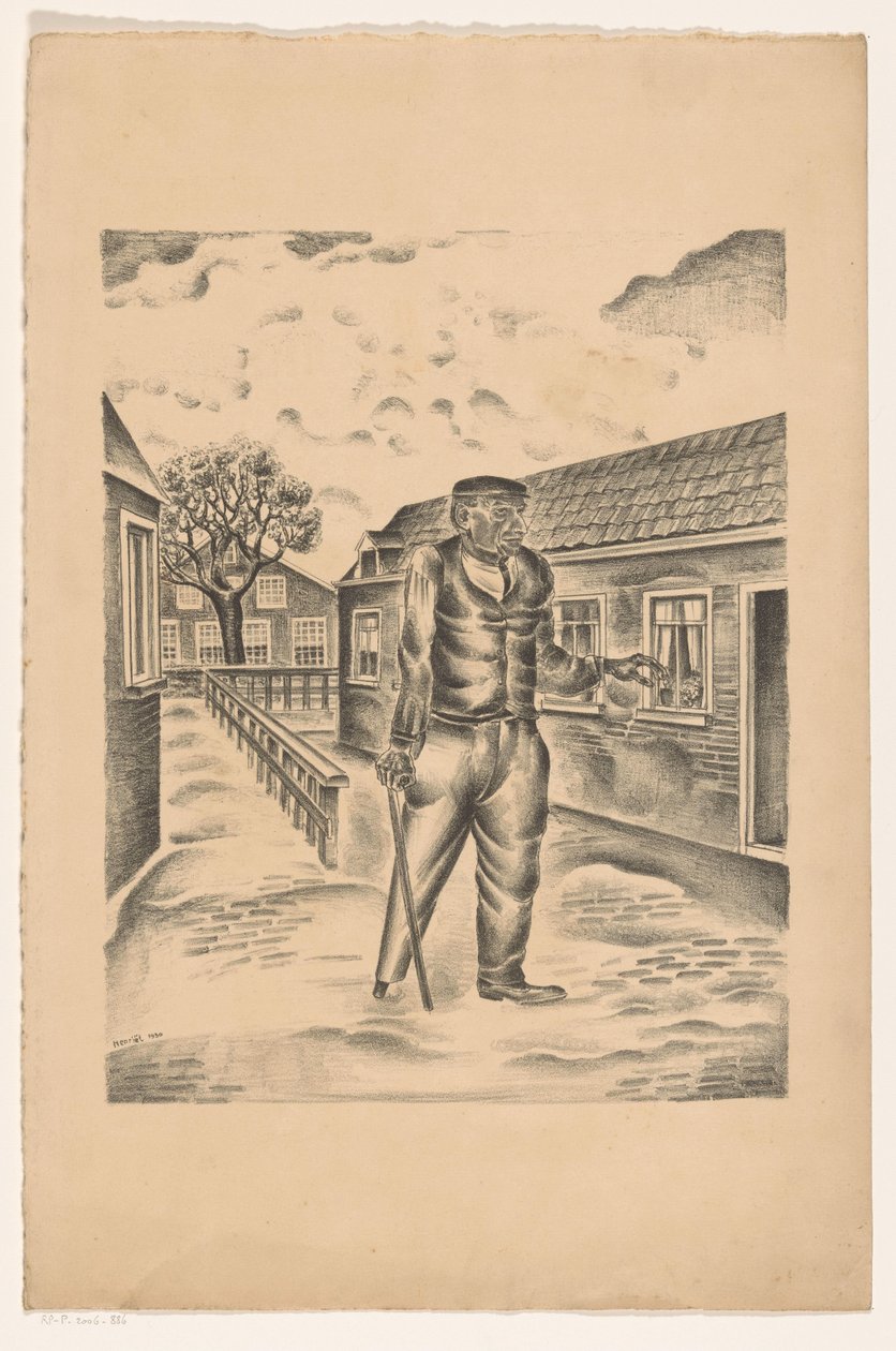 Mann mit Holzbein und Stock in einer Dorfstraße von Henk Henriët
