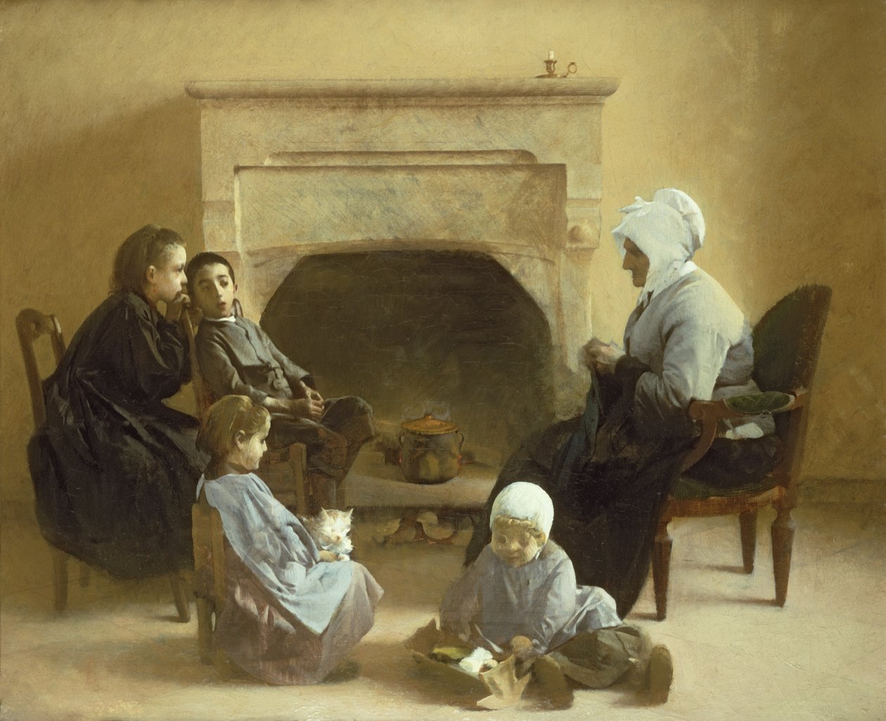 Familie um einen Herd versammelt von Henri Jules Jean Geoffroy