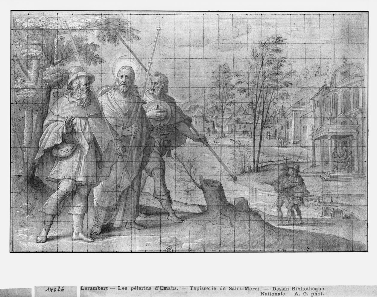 Leben Christi, Christus auf dem Weg nach Emmaus, Vorbereitungsstudie für den Wandteppichentwurf für die Kirche Saint-Merri in Paris, ca. 1585-90 von Henri Lerambert
