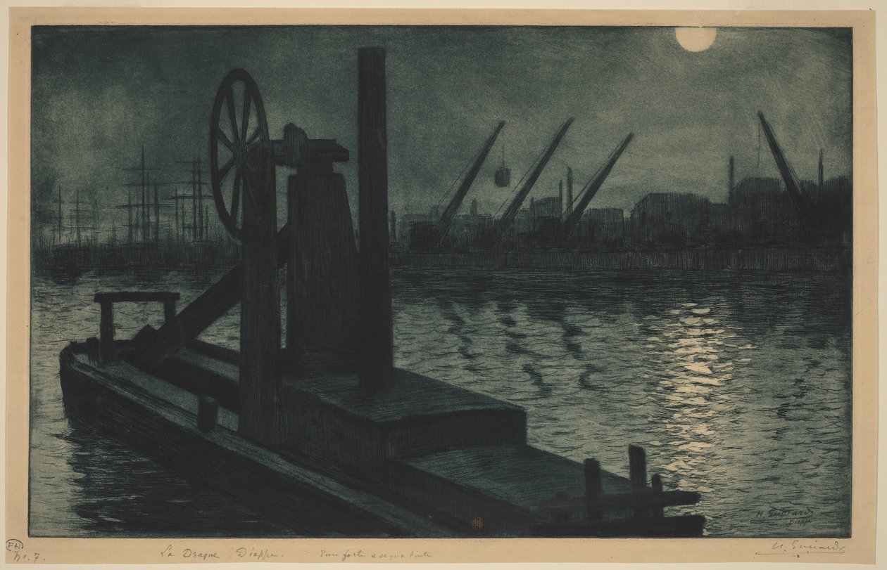 Der Schwimmbagger von Dieppe (ein Schwimmbagger im Hafen von Dieppe bei Mondlicht) von Henri-Charles Guérard