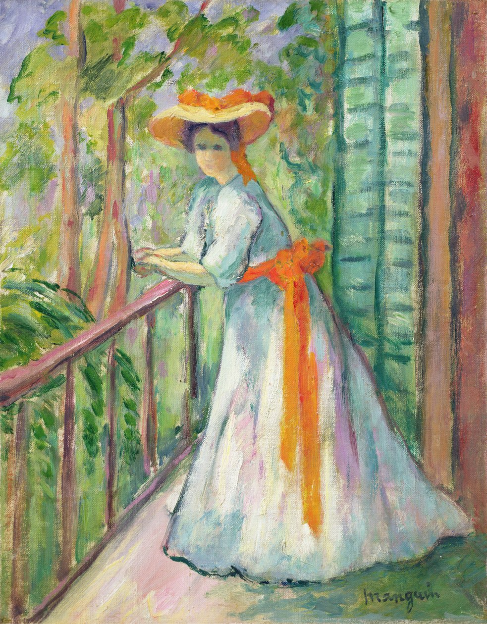Frau auf einem Balkon, oder Jeanne mit einem orangefarbenen Band von Henri Charles Manguin
