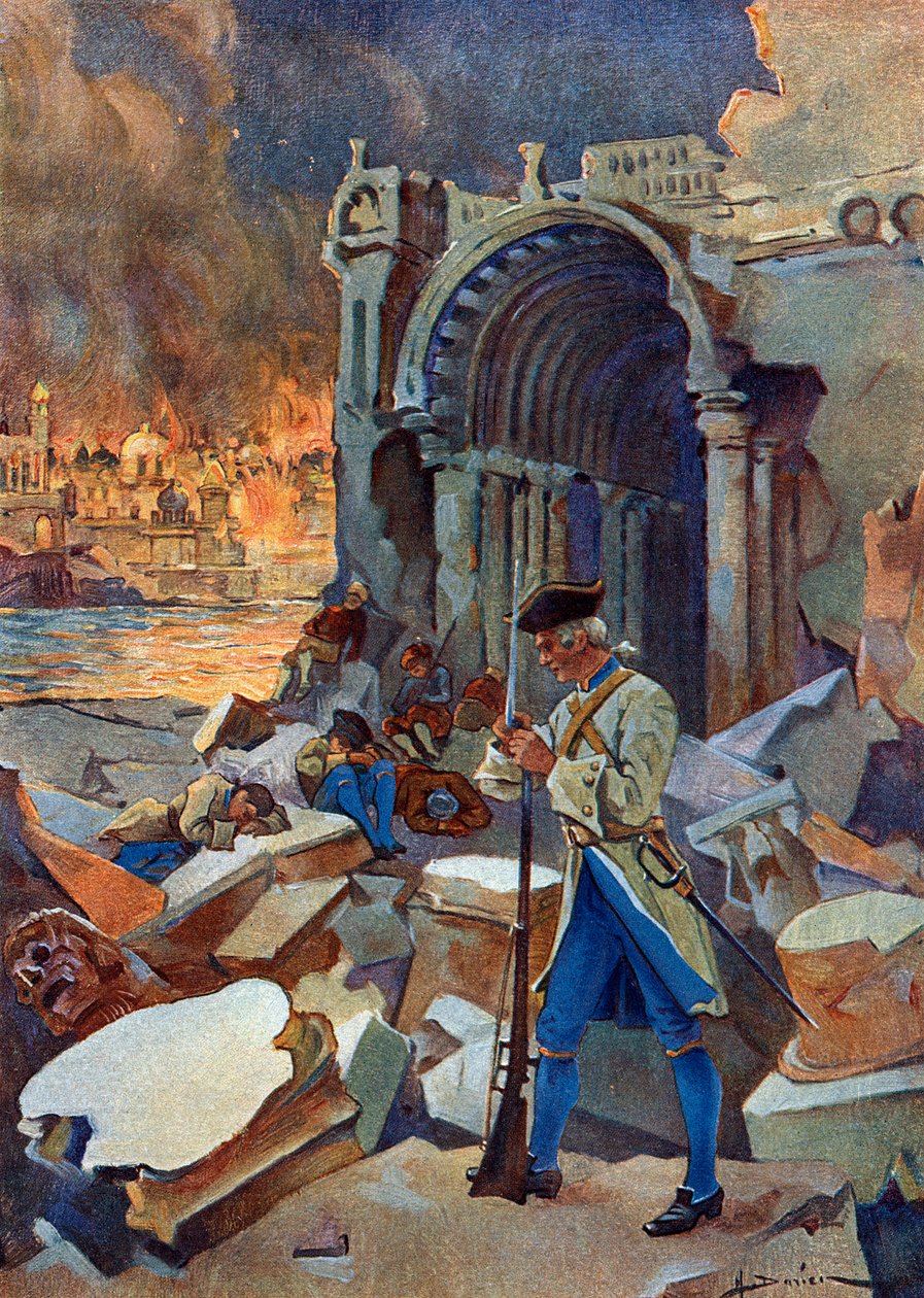 Indienfeldzug (1778-1783): Ansicht der Schlacht von Trinquemalay im August 1782 in Ceylon, zwischen der französischen Armee von Suffren und den Briten von Admiral Hugues von Henri Gaston Darien
