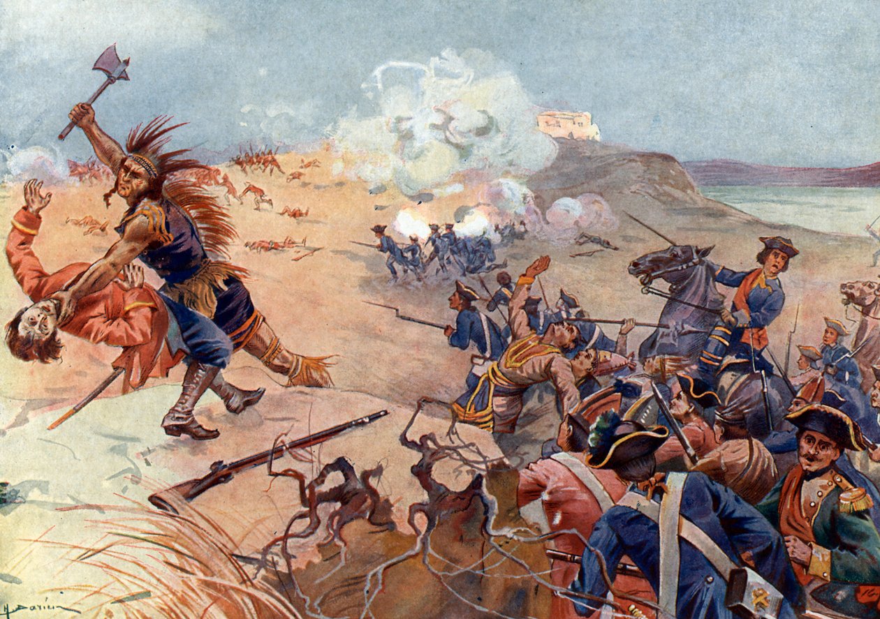 Siebenjähriger Krieg, Krieg der Eroberung (1754-1763): die Schlacht von Fort Carillon am 8.07.1758 zwischen französischen und britischen Truppen, die mit den Mohawks bei Ticonderoga, südlich des Lake Champlain (New York), verbündet waren von Henri Gaston Darien