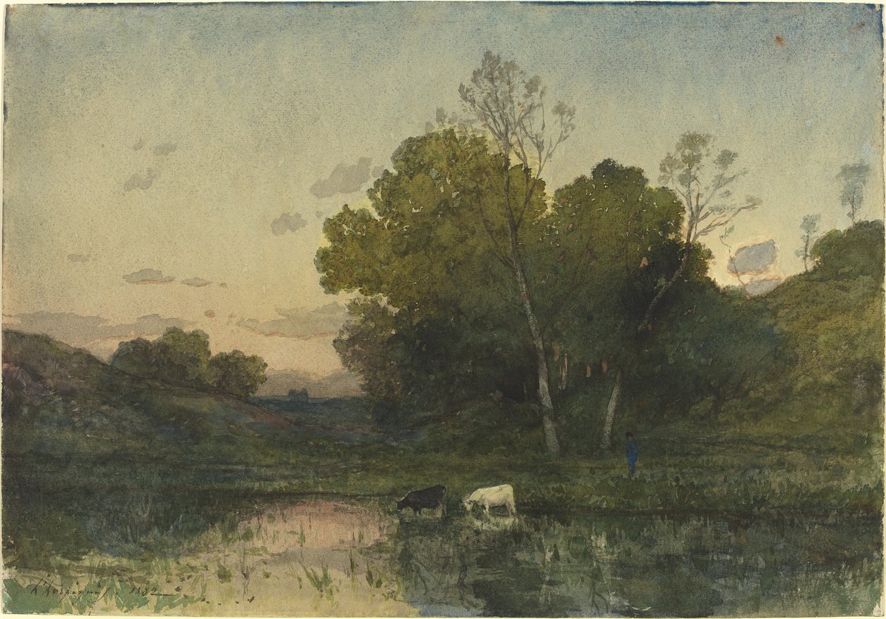 Abendlicht an einem bewaldeten Seeufer mit trinkenden Rindern von Henri-Joseph Harpignies