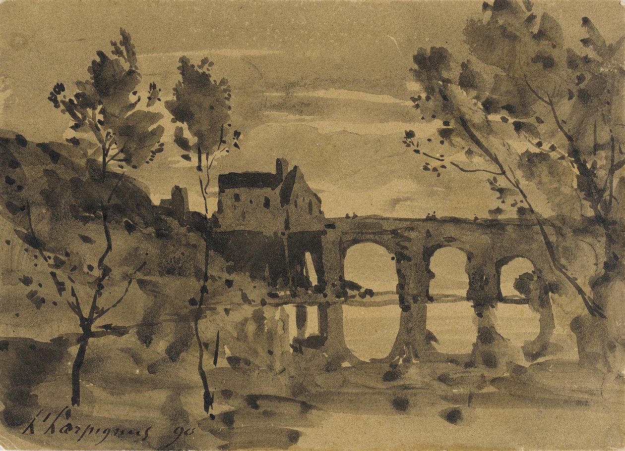 Flusslandschaft mit Brücke und Haus von Henri-Joseph Harpignies