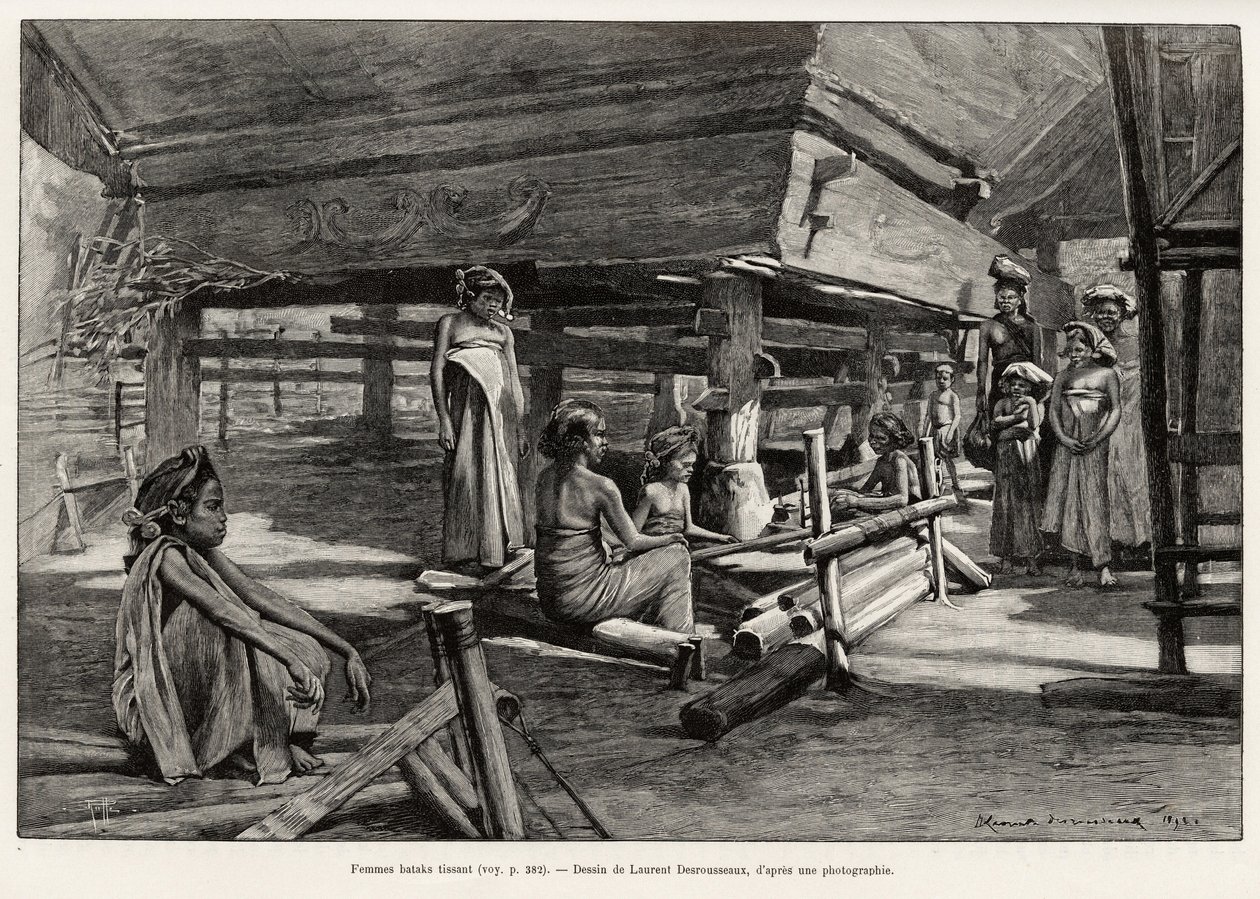 Batak-Frauen, ethnische Gruppe aus Nord-Sumatra, beim Weben. Gravur von Laurent Desrousseaux zur Illustration der Geschichte 