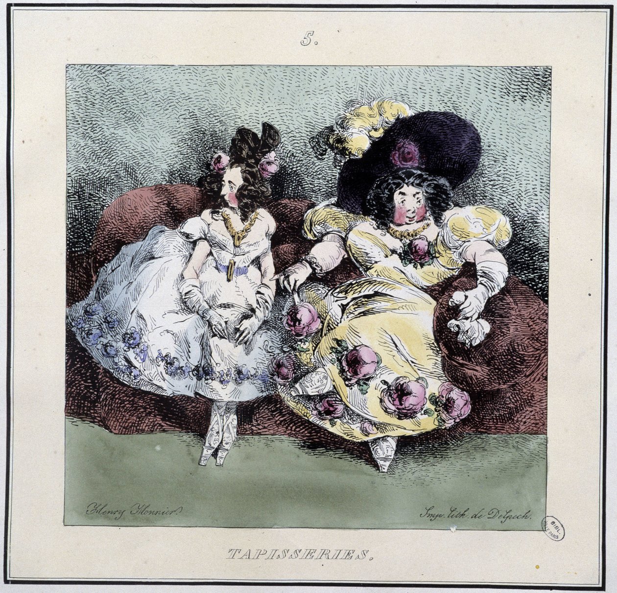 Hässliche Frauen machen „Tapisserie“ im Wohnzimmer - in „Parisiennes“ von Henri Monnier, ed. Delpech, Paris von Henri Bonaventure Monnier