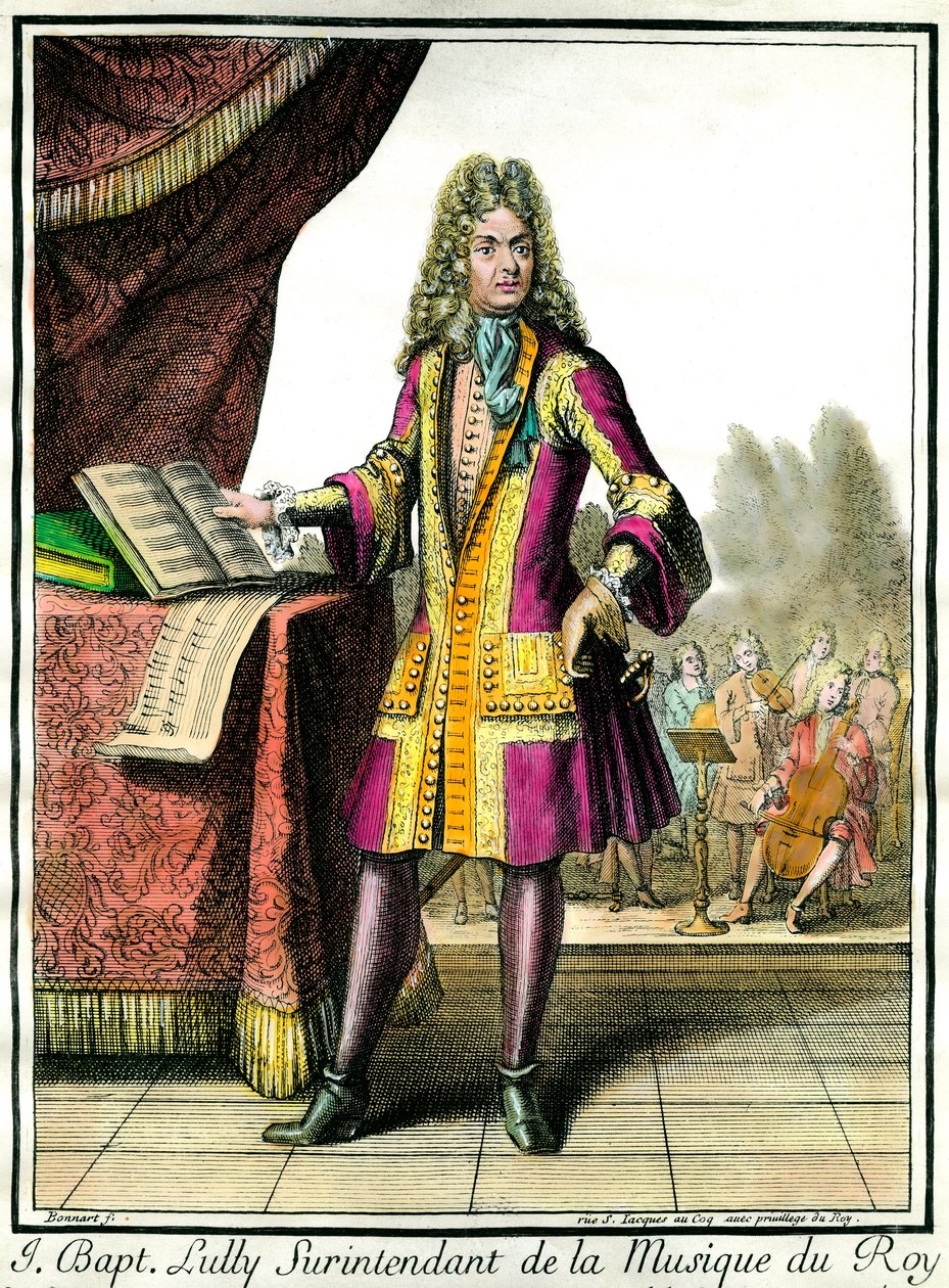 Ganzkörperporträt von Jean Baptiste Lully (Giovanni Battista Lulli) (1632-1687) Superintendent der Musik des Königs, Gravur von Henri Bonnart von Henri Bonnart