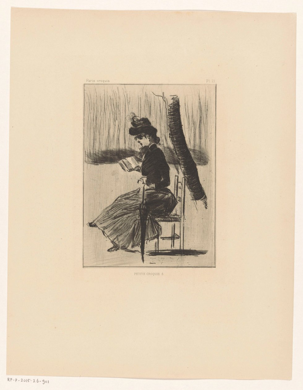 Frau mit einem Buch und einem Regenschirm auf einem Stuhl draußen (Petits Croquis 5) von Henri Boutet