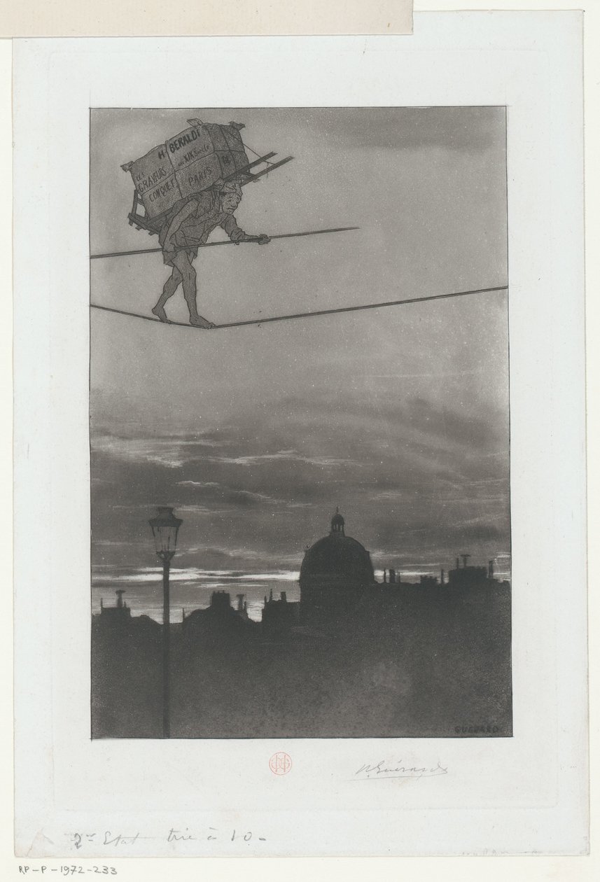 Seiltänzer mit Paket auf dem Rücken über einer Stadt von Henri Charles Guérard (signed by artist)