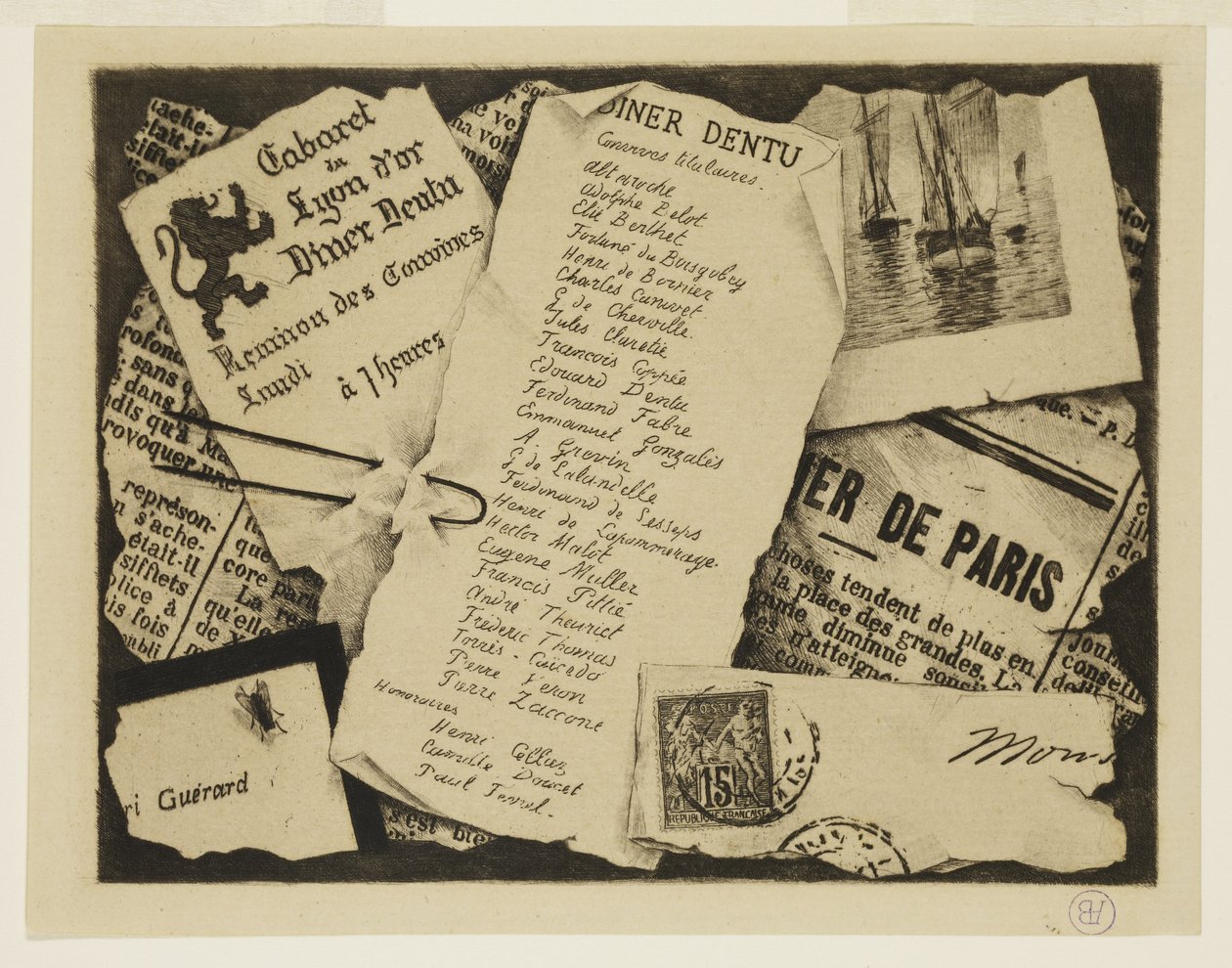 Ein Stück Zeitung, ein Umschlag und eine Fliege von Henri Charles Guérard