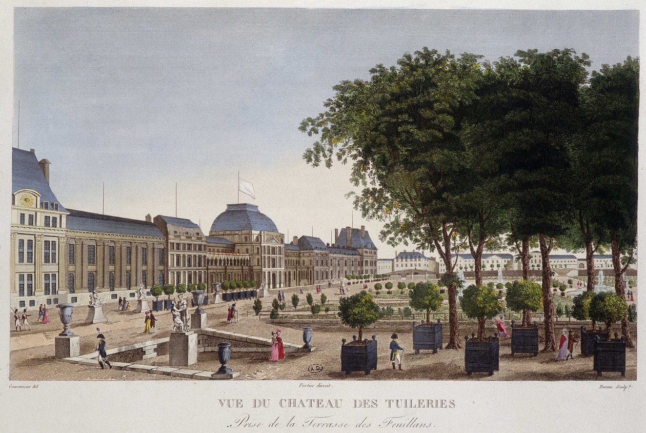 Garten und Schloss der Tuilerien, gesehen von der Terrasse der Feuillans. Gravur von Courvoisier von Henri Courvoisier Voisin