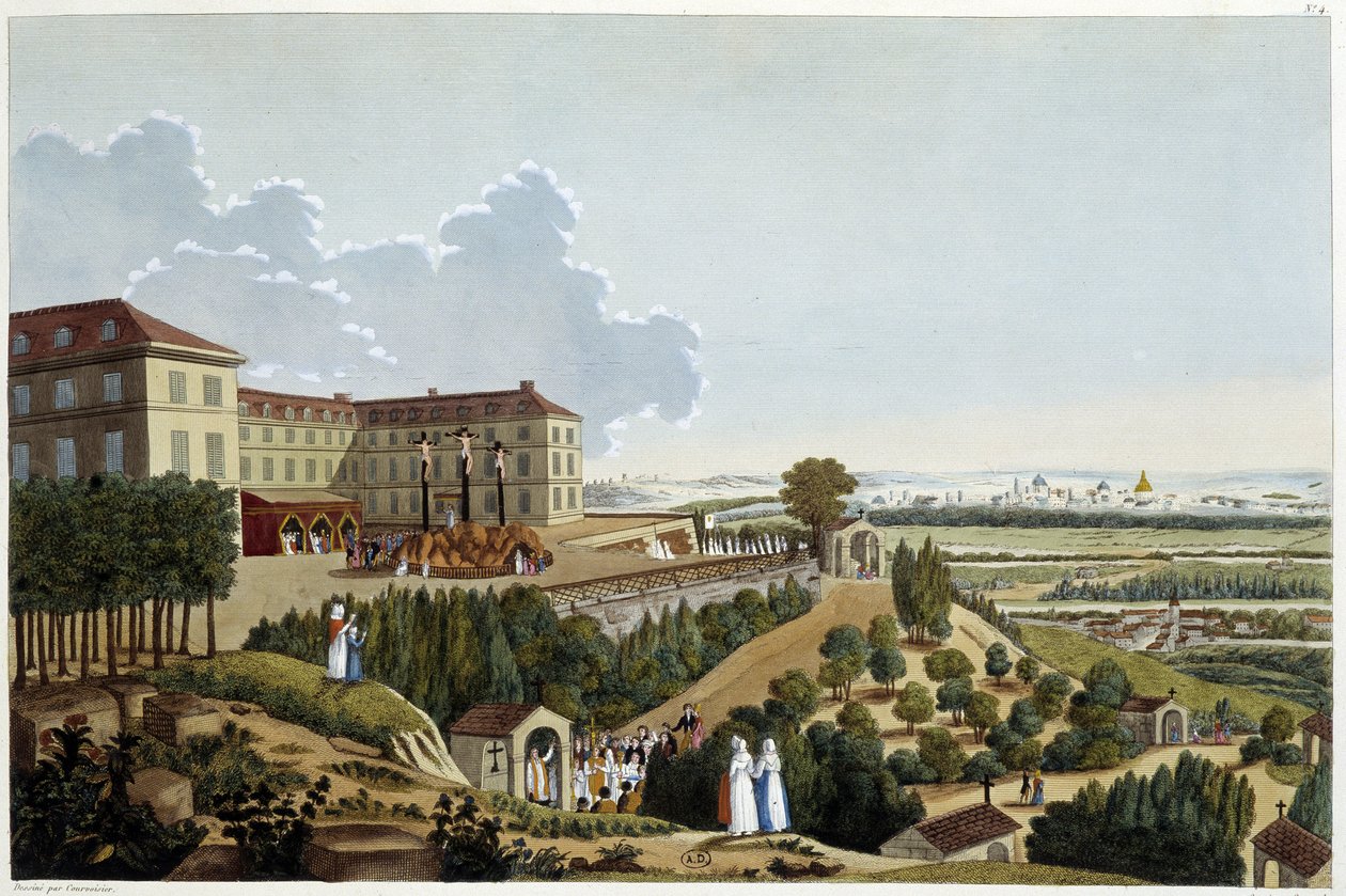 Ansicht von Calvary, während der Feste der Ste Croix, in Suresnes - in „Vues de Paris“ von Courvoisier von Henri Courvoisier Voisin