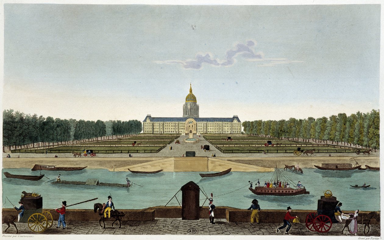 Ansicht des Champ de Mars und des Hôtel des Invalides von der anderen Seite der Seine (Cours la Reine) - in „Vues de Paris“ von Courvoisier von Henri Courvoisier Voisin
