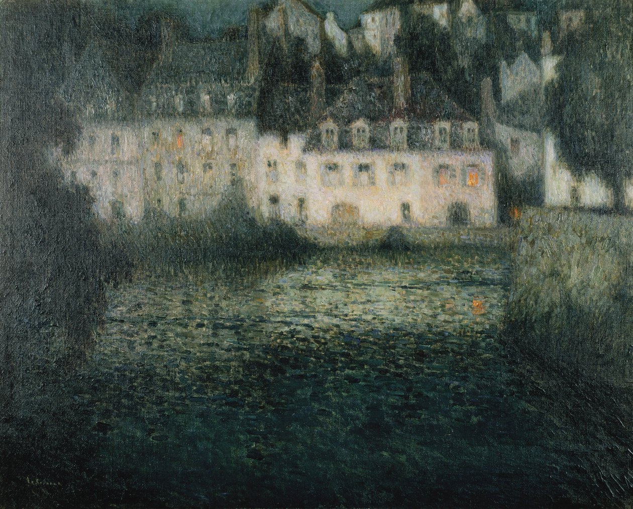 Haus am Fluss im Mondlicht, Quimperle von Henri Eugene Augustin Le Sidaner