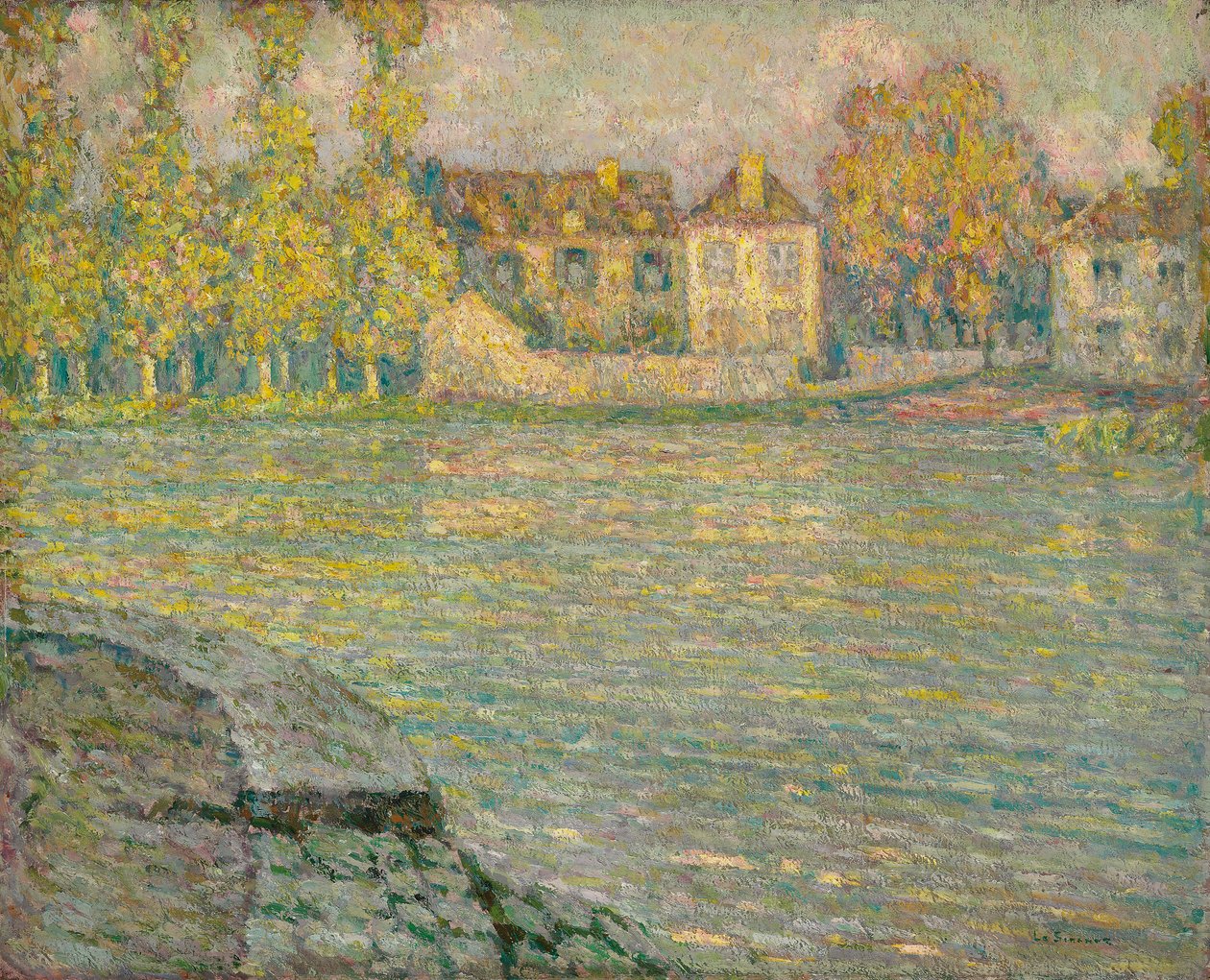 Häuser am Fluss bei Sonnenuntergang, Moret von Henri Eugene Augustin Le Sidaner