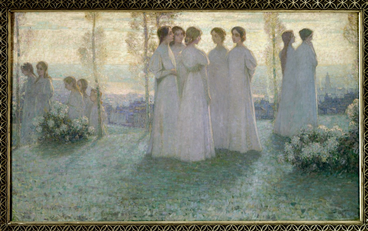 Am Sonntag, Frau in Weiß spricht in einem Garten von Henri Eugene Augustin Le Sidaner