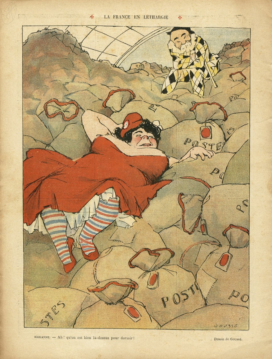 Illustration von Henri Gousse (1872-1914) in Le Rire, 03/04/09 - La France en lethargie - Sozial, Streik, Postdienst - Clemenceau George, Marianne von Henri Gousse