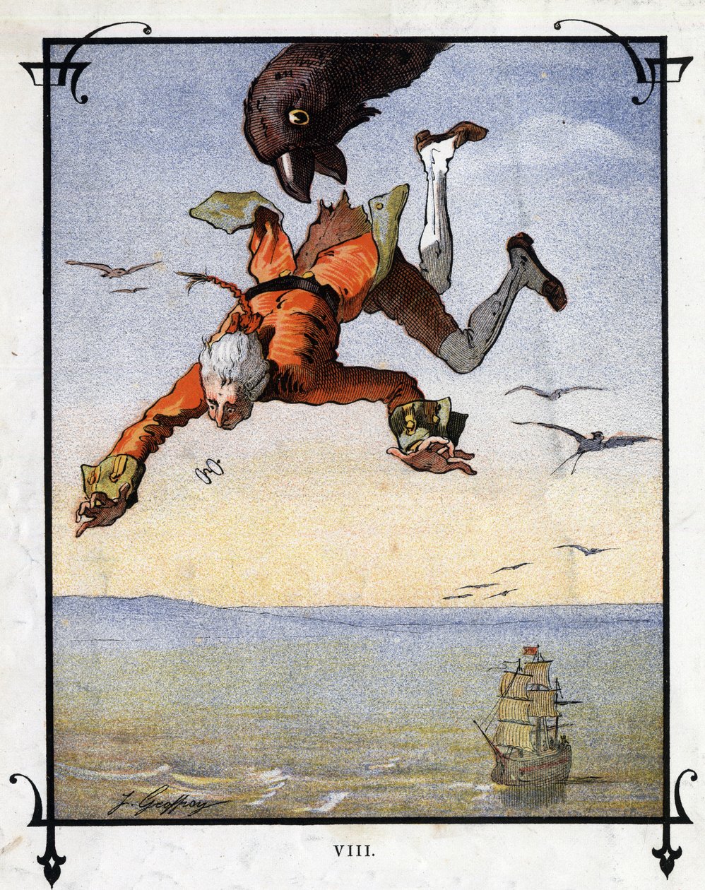 Lemuel Gulliver wird von einem Adler weggetragen. Illustration zu „Gullivers Reisen“ von Jonathan Swift von Henri Jules Jean Geoffroy